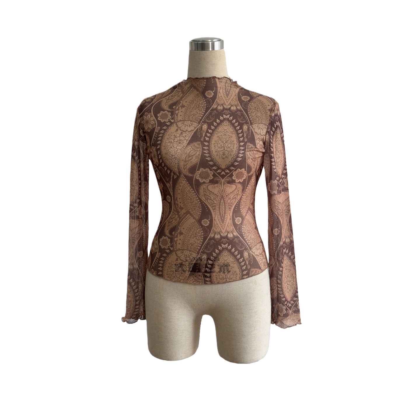 Womens Mesh T-shirt Fashion Long Sleeves Leopard Print Slim Blouse